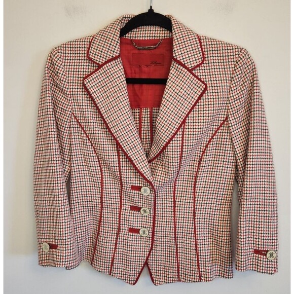 Les Copains Womens Blazer Red/White‎ Tweed Jacket Small 3/4 Sleeve Made in Italy - Picture 1 of 12